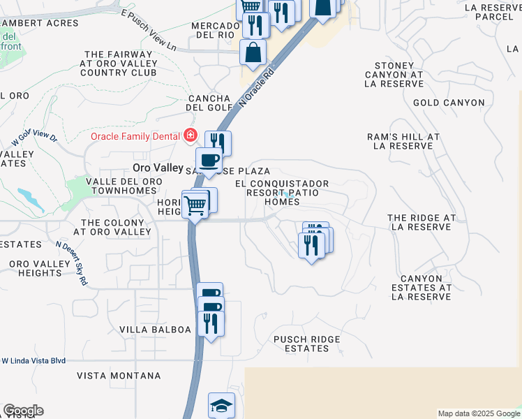 map of restaurants, bars, coffee shops, grocery stores, and more near Lipscomb Way in Oro Valley