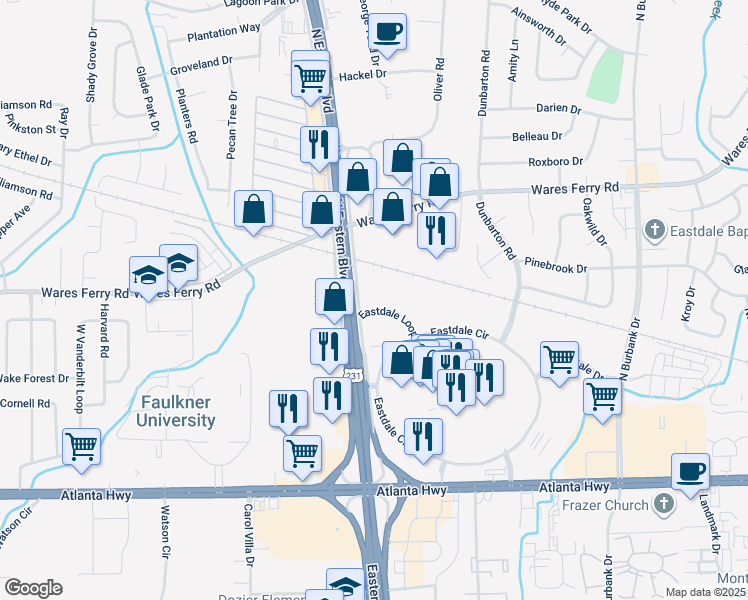 map of restaurants, bars, coffee shops, grocery stores, and more near 500 Eastdale Loop in Montgomery