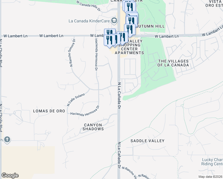 map of restaurants, bars, coffee shops, grocery stores, and more near 10040 North Rancho Sonora Drive in Oro Valley