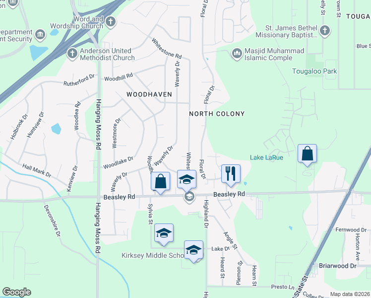 map of restaurants, bars, coffee shops, grocery stores, and more near 6046 Waverly Drive in Jackson