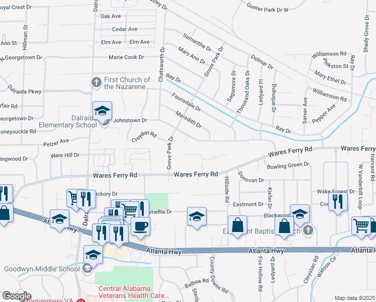 map of restaurants, bars, coffee shops, grocery stores, and more near 372 Rebekah Lane in Montgomery