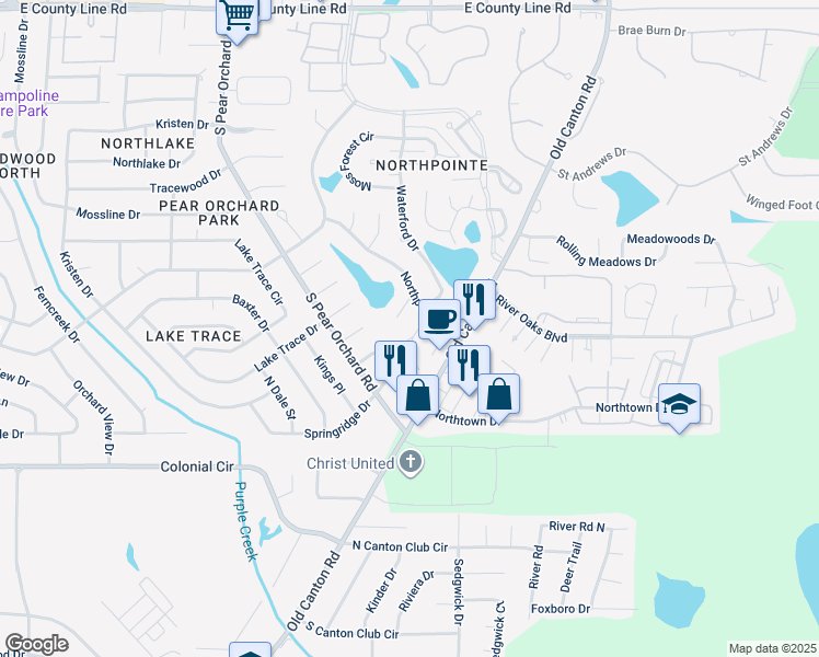 map of restaurants, bars, coffee shops, grocery stores, and more near 211 Stoney Brook Cove in Jackson
