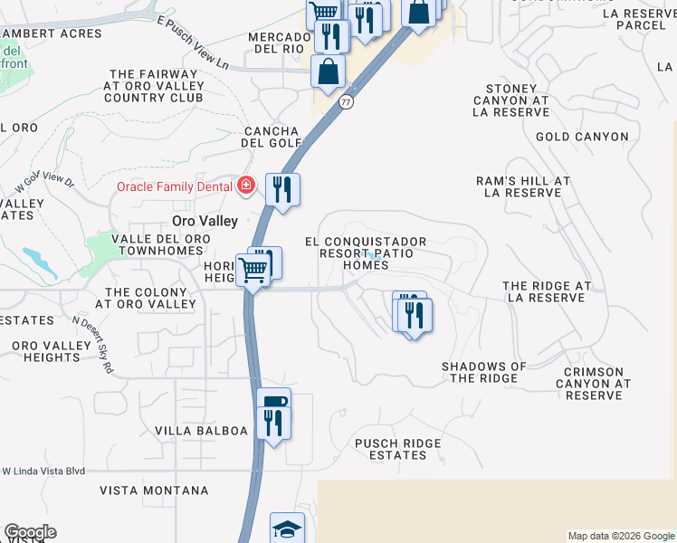 map of restaurants, bars, coffee shops, grocery stores, and more near 783 Camino Corrida in Oro Valley