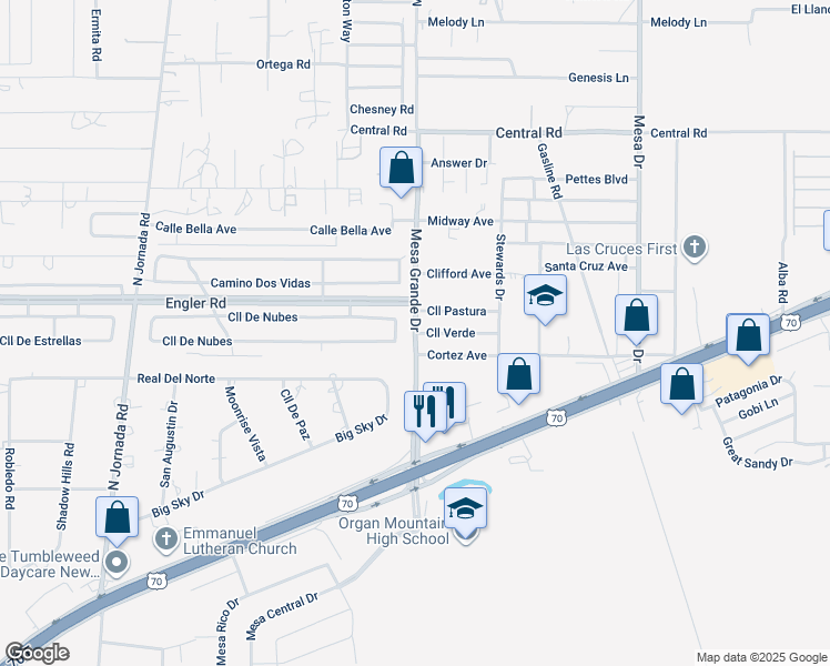 map of restaurants, bars, coffee shops, grocery stores, and more near 5217 Mesa Grande Drive in Las Cruces