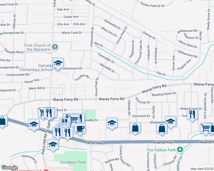 map of restaurants, bars, coffee shops, grocery stores, and more near 372 Rebekah Lane in Montgomery
