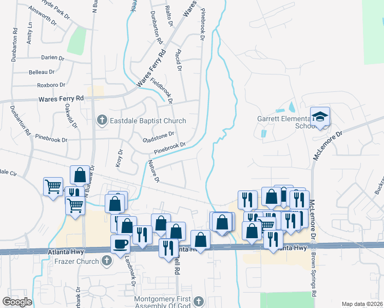 map of restaurants, bars, coffee shops, grocery stores, and more near 6308 Pinebrook Drive in Montgomery