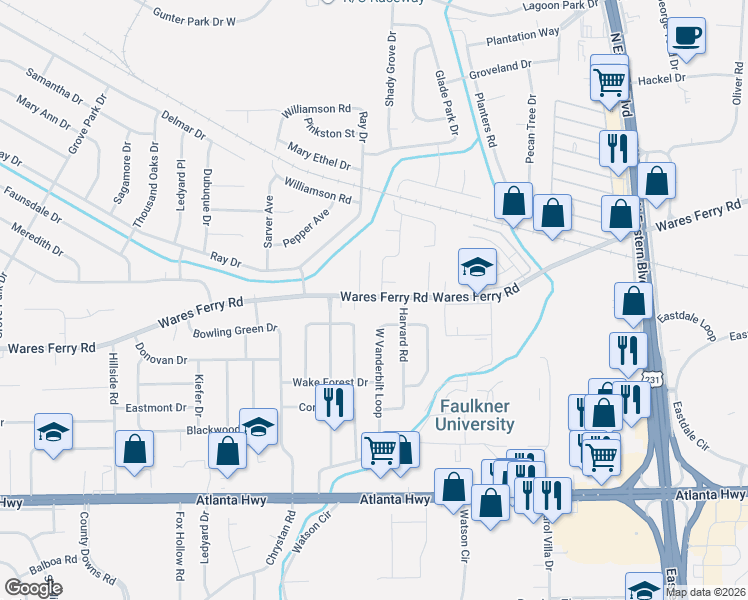 map of restaurants, bars, coffee shops, grocery stores, and more near 508 Forest Ridge Court in Montgomery