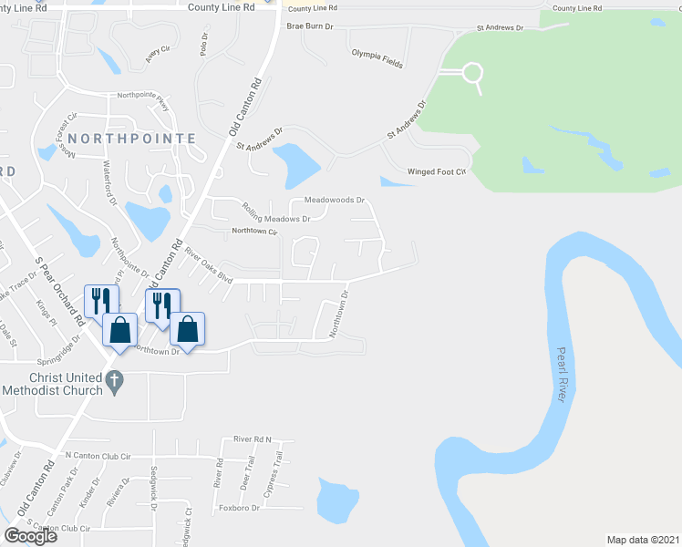 map of restaurants, bars, coffee shops, grocery stores, and more near 44 Meadowoods Terrace in Jackson