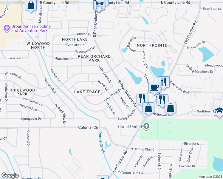 map of restaurants, bars, coffee shops, grocery stores, and more near 5912 Lake Trace Circle in Jackson