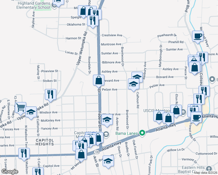 map of restaurants, bars, coffee shops, grocery stores, and more near 2732 Brevard Avenue in Montgomery