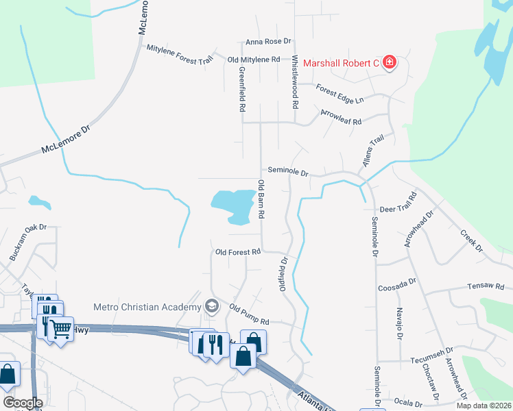 map of restaurants, bars, coffee shops, grocery stores, and more near 7448 Old Barn Road in Montgomery
