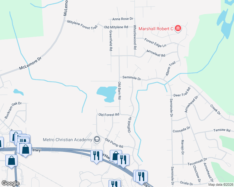 map of restaurants, bars, coffee shops, grocery stores, and more near 7448 Old Barn Road in Montgomery
