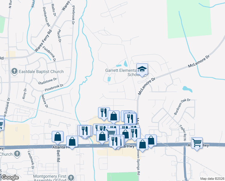 map of restaurants, bars, coffee shops, grocery stores, and more near 413 Rock Ledge Road in Montgomery
