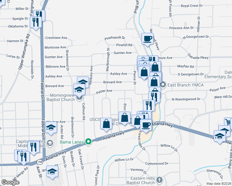 map of restaurants, bars, coffee shops, grocery stores, and more near 3031 Pelzer Ave in Montgomery