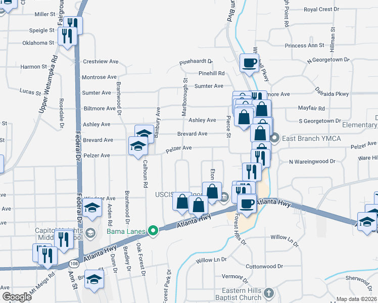 map of restaurants, bars, coffee shops, grocery stores, and more near 166 Marlborough Street in Montgomery