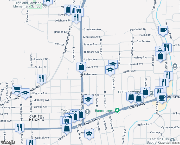 map of restaurants, bars, coffee shops, grocery stores, and more near 2732 Brevard Avenue in Montgomery