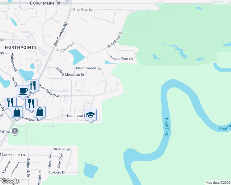 map of restaurants, bars, coffee shops, grocery stores, and more near 2501 River Oaks Boulevard in Jackson