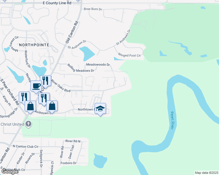 map of restaurants, bars, coffee shops, grocery stores, and more near 44 Meadowoods Terrace in Jackson