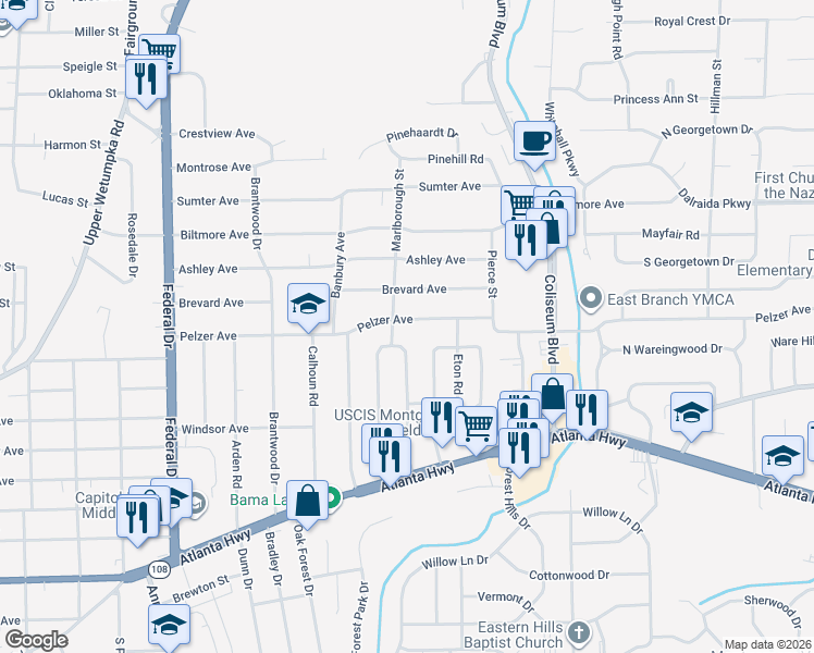 map of restaurants, bars, coffee shops, grocery stores, and more near 166 Marlborough Street in Montgomery
