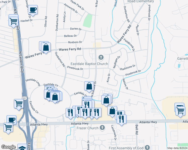 map of restaurants, bars, coffee shops, grocery stores, and more near 323 North Burbank Drive in Montgomery