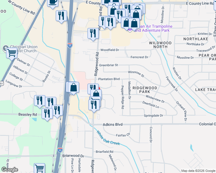 map of restaurants, bars, coffee shops, grocery stores, and more near 1048 Bayridge Drive in Jackson