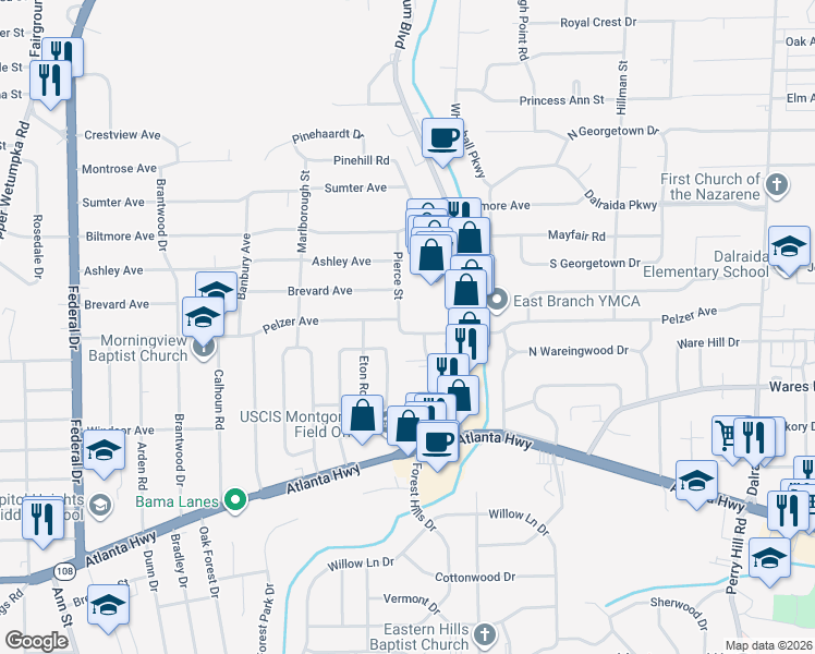 map of restaurants, bars, coffee shops, grocery stores, and more near 3101 Pelzer Avenue in Montgomery