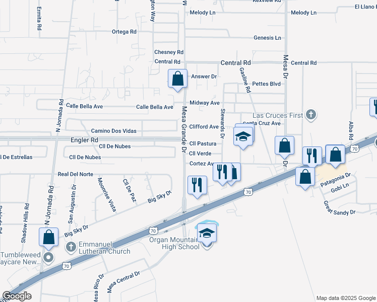 map of restaurants, bars, coffee shops, grocery stores, and more near 5217 Mesa Grande Drive in Las Cruces