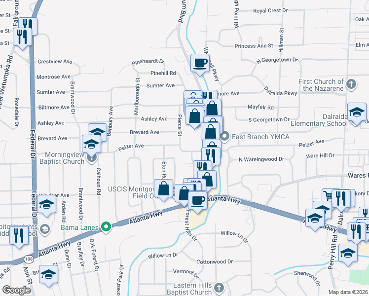 map of restaurants, bars, coffee shops, grocery stores, and more near 3101 Pelzer Avenue in Montgomery