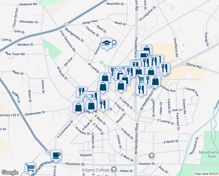 map of restaurants, bars, coffee shops, grocery stores, and more near in Kilgore