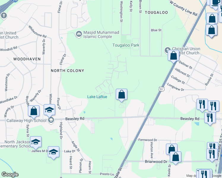 map of restaurants, bars, coffee shops, grocery stores, and more near 22 Glencross Drive in Jackson