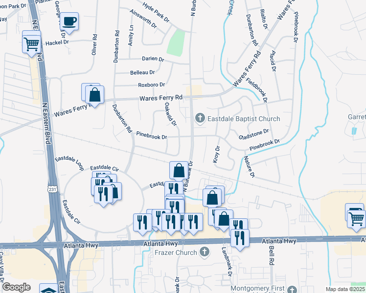 map of restaurants, bars, coffee shops, grocery stores, and more near 5836 Oakwild Drive in Montgomery