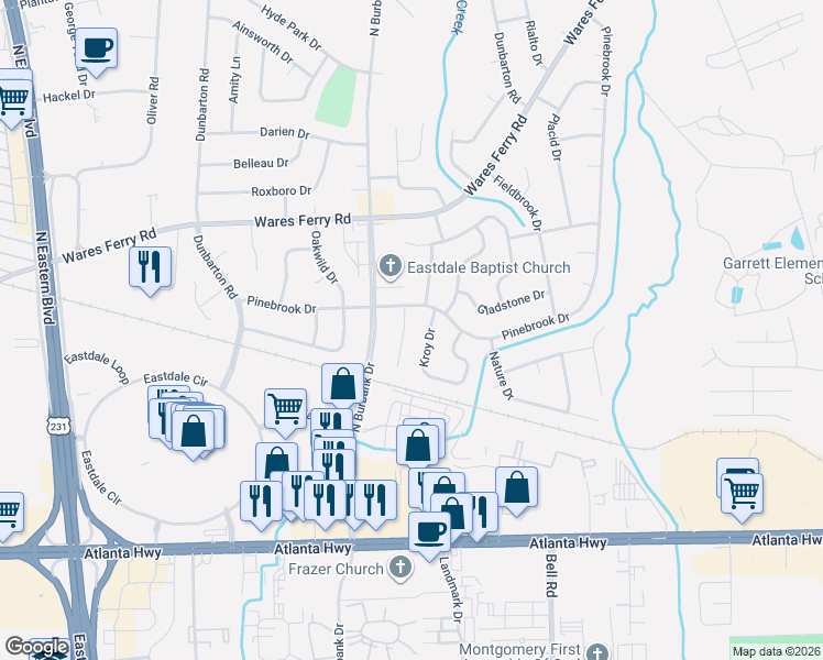 map of restaurants, bars, coffee shops, grocery stores, and more near 341 Sultan Court in Montgomery