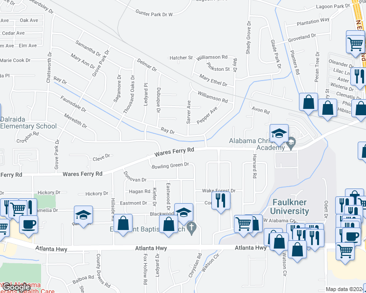 map of restaurants, bars, coffee shops, grocery stores, and more near 4405 Wares Ferry Road in Montgomery
