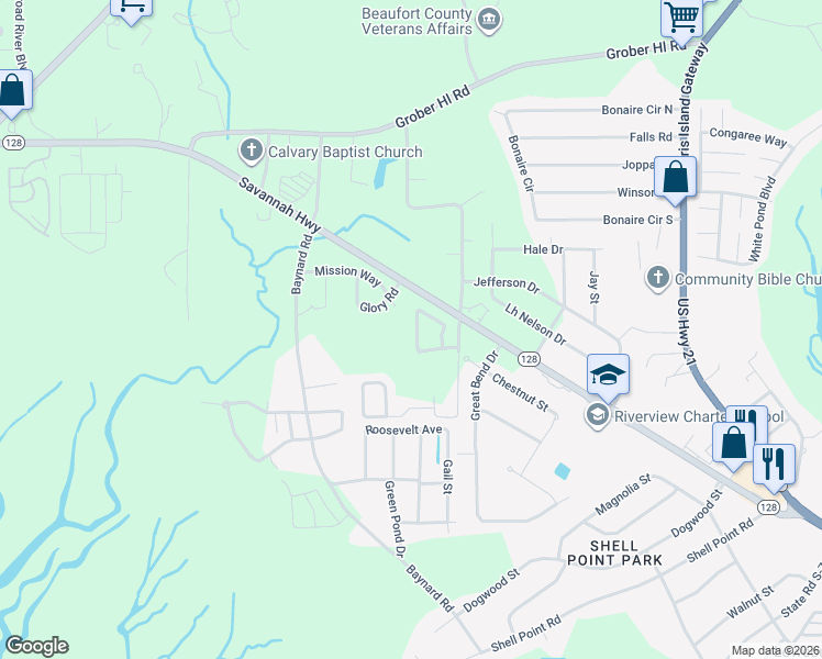 map of restaurants, bars, coffee shops, grocery stores, and more near 208 Mission Way in Beaufort
