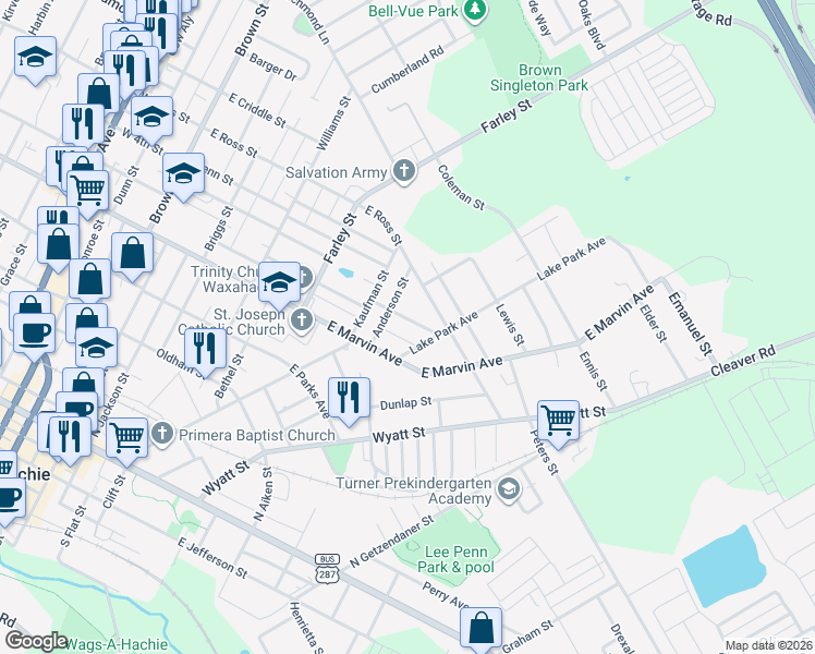 map of restaurants, bars, coffee shops, grocery stores, and more near 208 1/2 Aldridge Street in Waxahachie