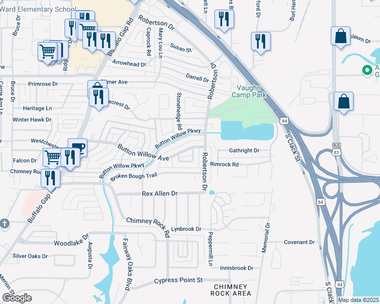 map of restaurants, bars, coffee shops, grocery stores, and more near 2501 Button Willow Avenue in Abilene