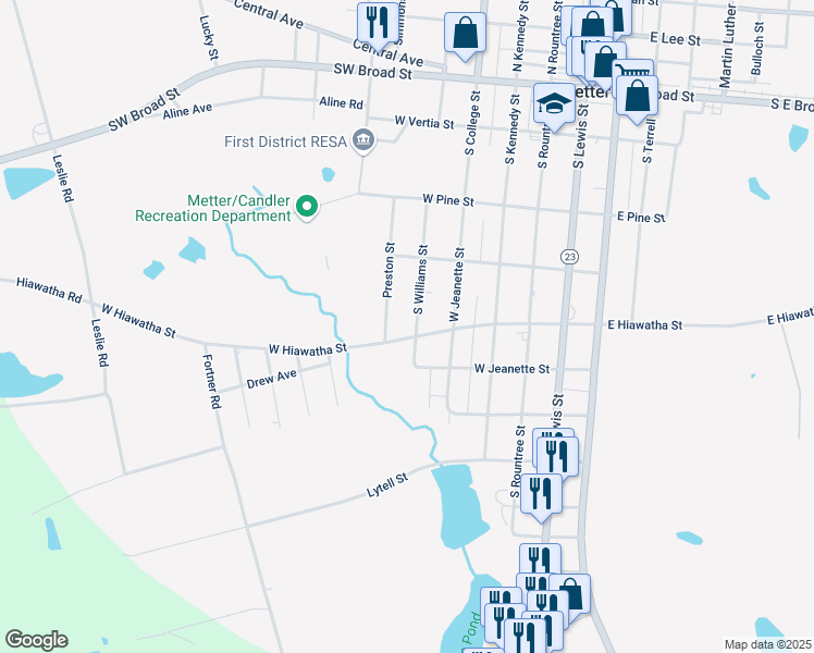 map of restaurants, bars, coffee shops, grocery stores, and more near 465 South Williams Street in Metter