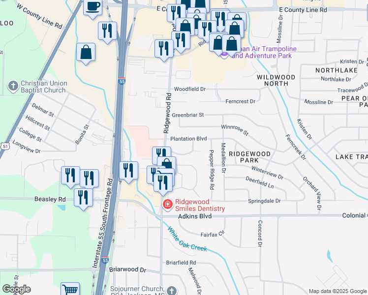 map of restaurants, bars, coffee shops, grocery stores, and more near 1048 Bayridge Drive in Jackson