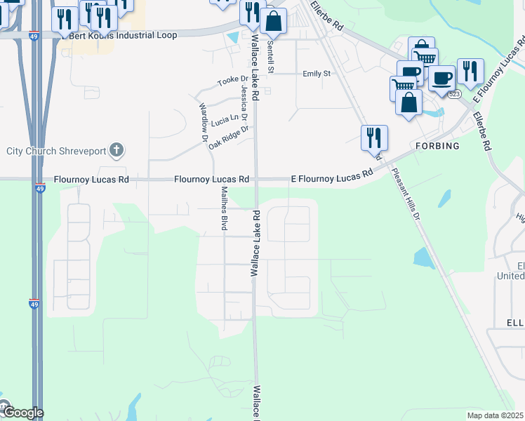 map of restaurants, bars, coffee shops, grocery stores, and more near 124 Gulfstream Lane in Shreveport