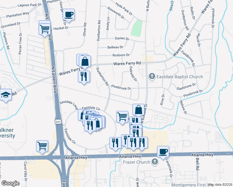 map of restaurants, bars, coffee shops, grocery stores, and more near 5735 Oakwild Drive in Montgomery