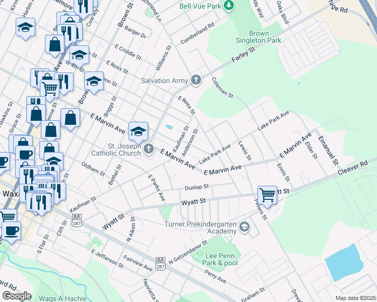 map of restaurants, bars, coffee shops, grocery stores, and more near 712 Kaufman Street in Waxahachie