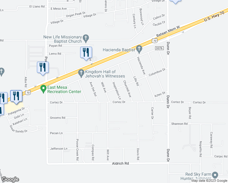 map of restaurants, bars, coffee shops, grocery stores, and more near 6550 Inspiration Lane in Las Cruces