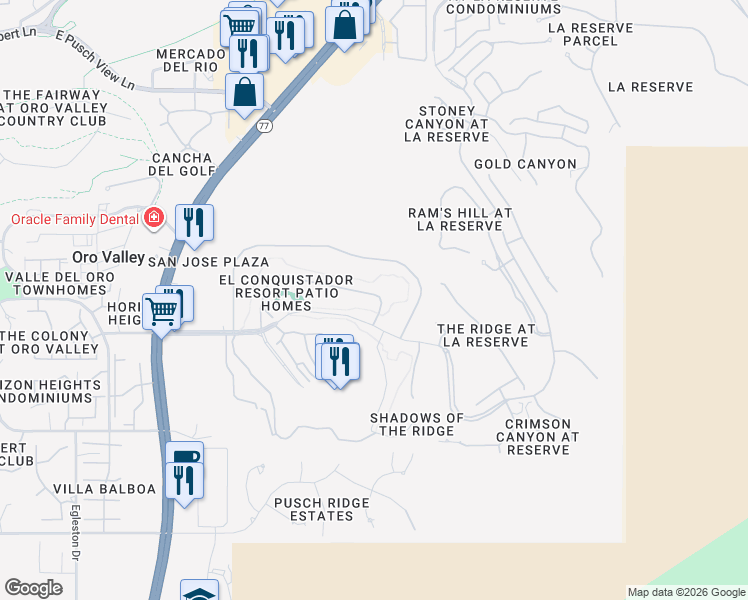 map of restaurants, bars, coffee shops, grocery stores, and more near 1107 Camino Corrida in Oro Valley
