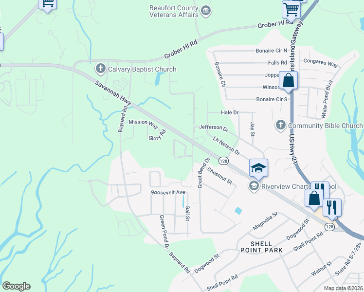 map of restaurants, bars, coffee shops, grocery stores, and more near 525 Candida Drive in Beaufort