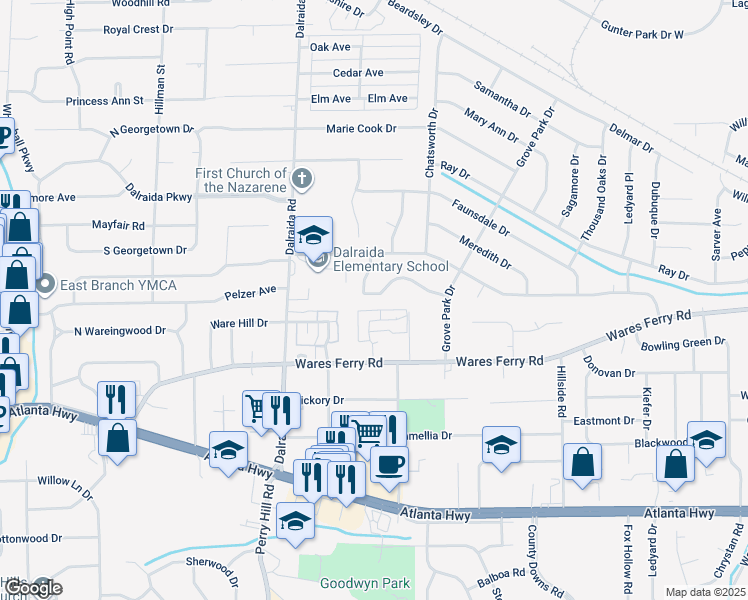 map of restaurants, bars, coffee shops, grocery stores, and more near 3928 Croydon Road in Montgomery