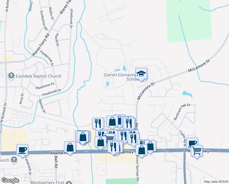 map of restaurants, bars, coffee shops, grocery stores, and more near 413 Rock Ledge Road in Montgomery