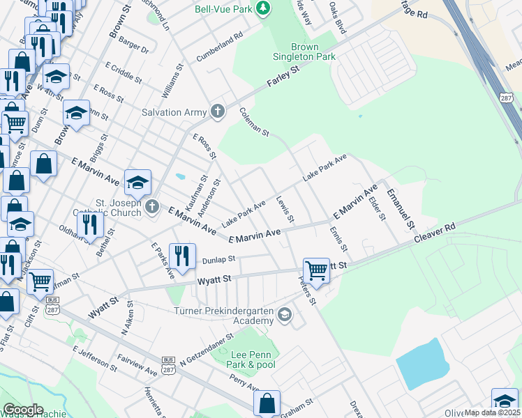 map of restaurants, bars, coffee shops, grocery stores, and more near 300 Lake Park Avenue in Waxahachie