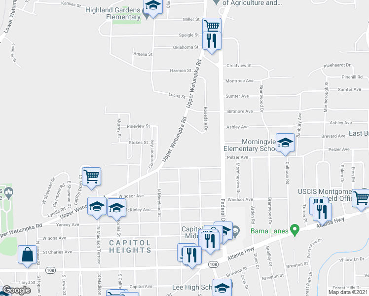 map of restaurants, bars, coffee shops, grocery stores, and more near 2140 Upper Wetumpka Road in Montgomery