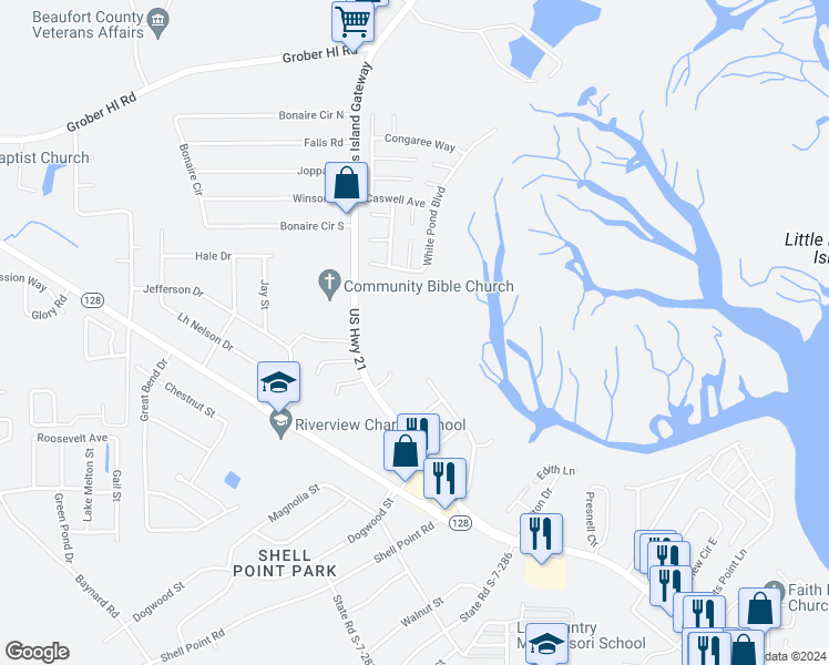 map of restaurants, bars, coffee shops, grocery stores, and more near 10 Shell Creek Drive in Beaufort