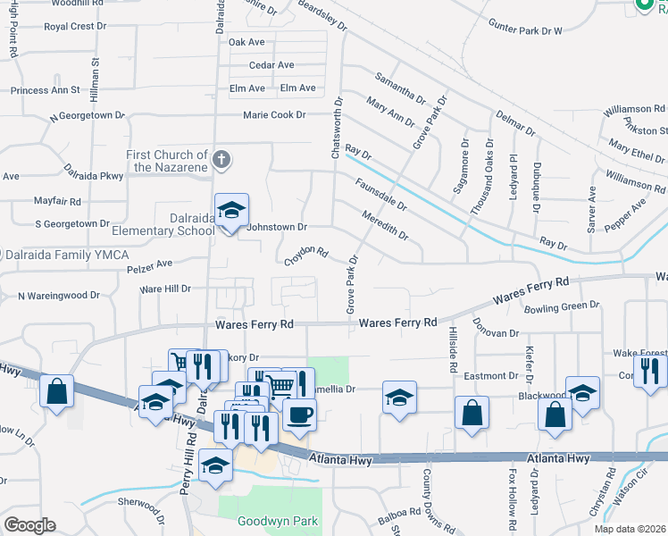 map of restaurants, bars, coffee shops, grocery stores, and more near 3958 Croydon Road in Montgomery